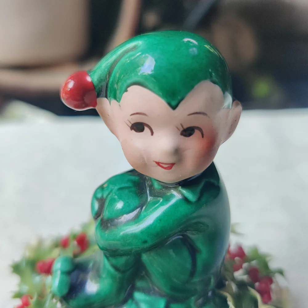 Vintage Inarco Christmas Pixie Elf on Holly Berry Figurine 4.5